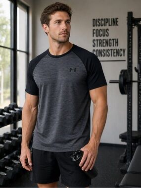 Under Armour HeatGear Mens Large Gray Black Athletic Tee Loose Fit Short Sleeve